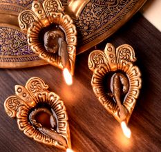 Brass Leaf Shape Diwali Diya with Intricate Design Pack of 3